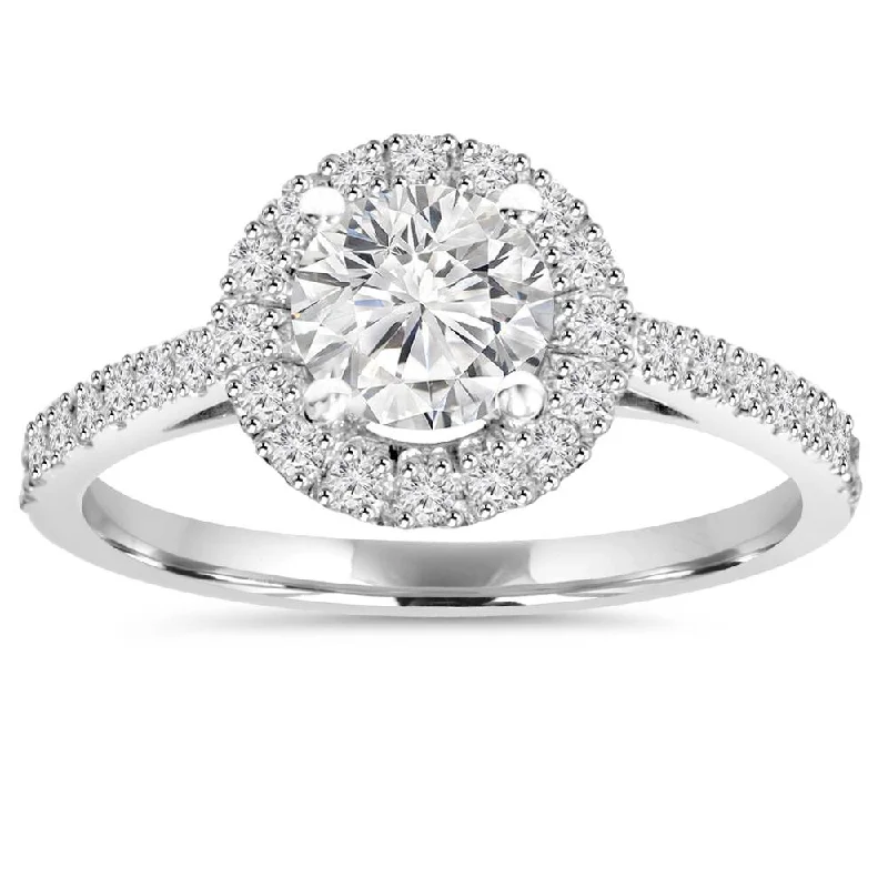 Engagement rings with princess and round cuts-1CT Halo Round Diamond Engagement Ring 14K White Gold