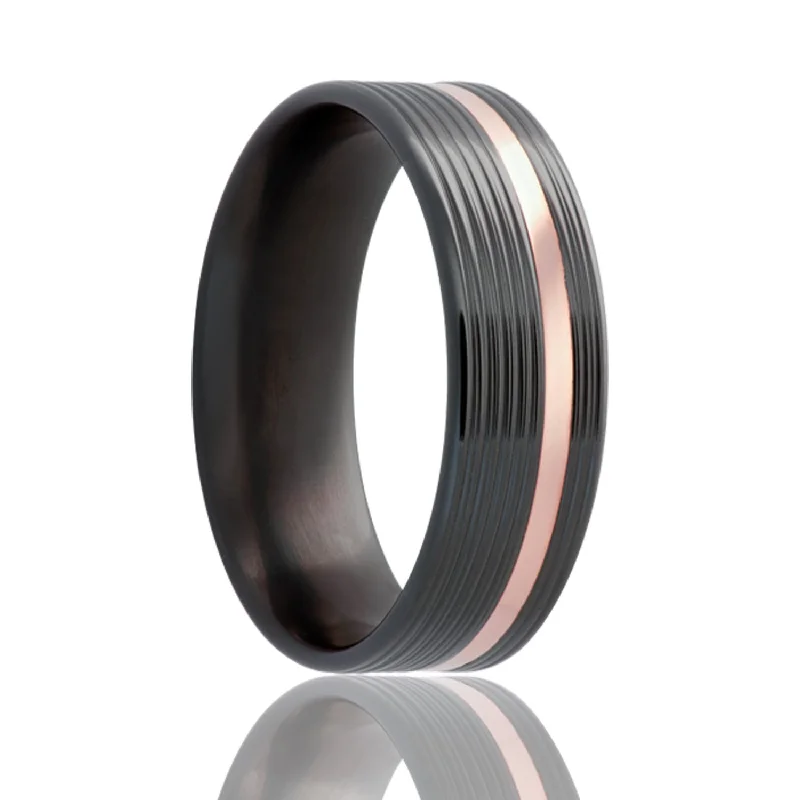 Women’s rings with intricate stone settings-Asymmetrical 14k Rose Gold Inlay Grooved Zirconium Wedding Band