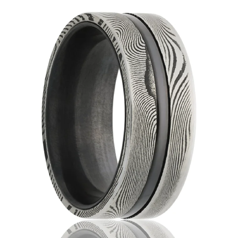 Women’s rings with amethyst stones-Grooved Zirconium & Damascus Steel Men's Wedding Band