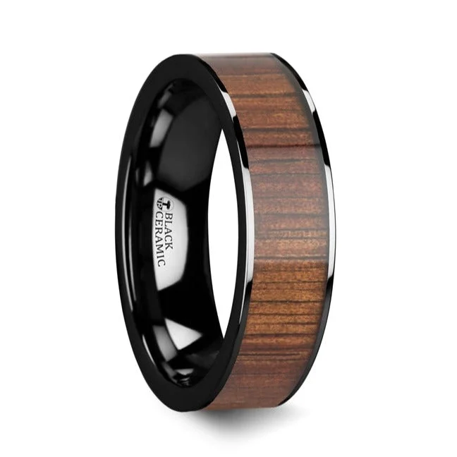 Women’s silver rings with diamonds-Black Ceramic Wedding Band with Koa Wood Inlay