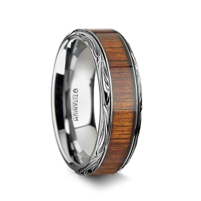 Stackable diamond rings for women-Intricate Edge Titanium Women's Wedding Band with Koa Wood Inlay