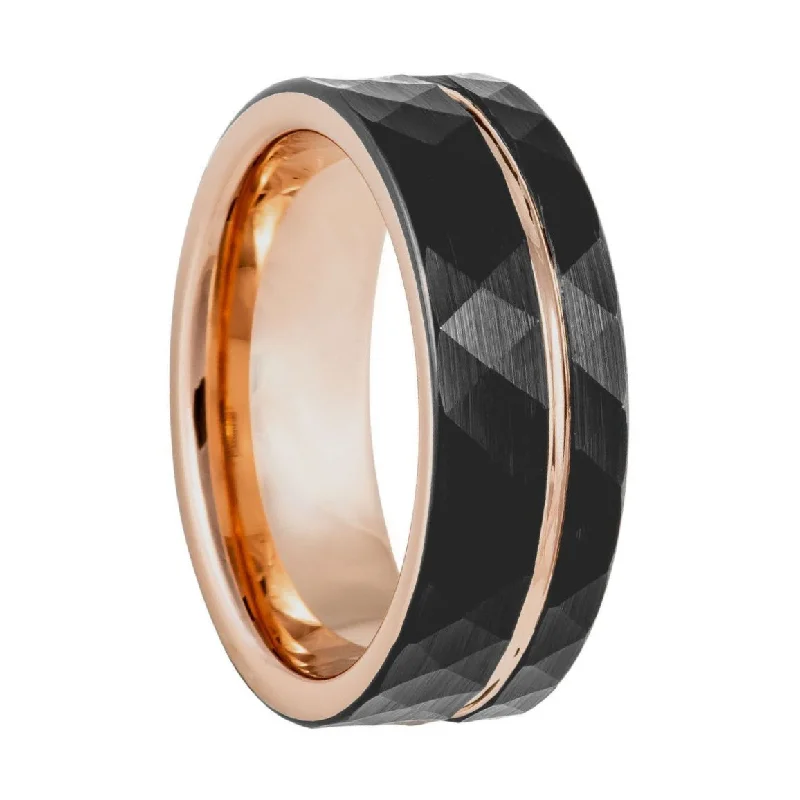 Women’s engagement rings with colored gems-Black Faceted Tungsten Men's Wedding Band with Rose Gold Groove & Interior