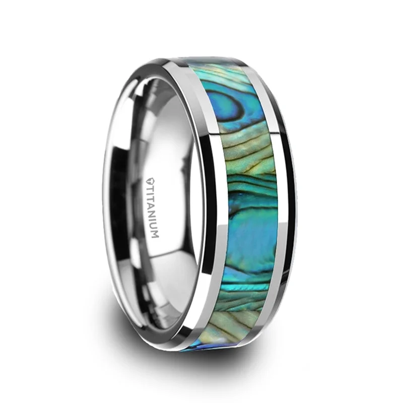 Affordable rings for women-Titanium Men's Wedding Band with Mother of Pearl Inlay