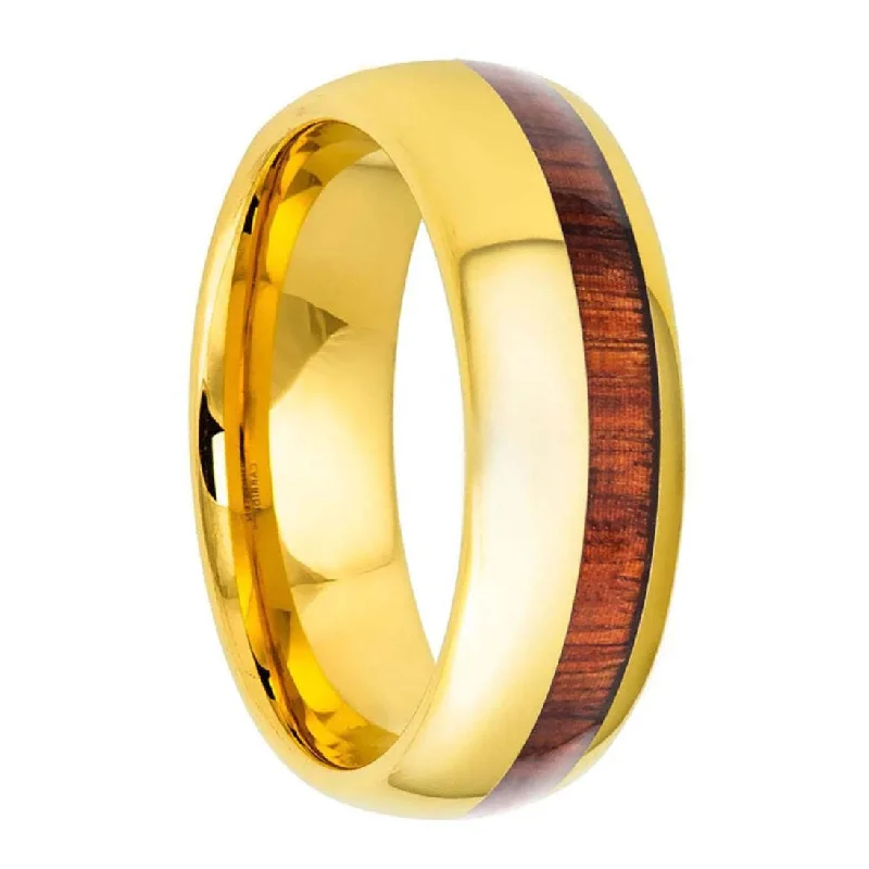 Luxurious platinum rings for women-Half Koa Wood Inlaid Gold Tungsten Men's Wedding Band