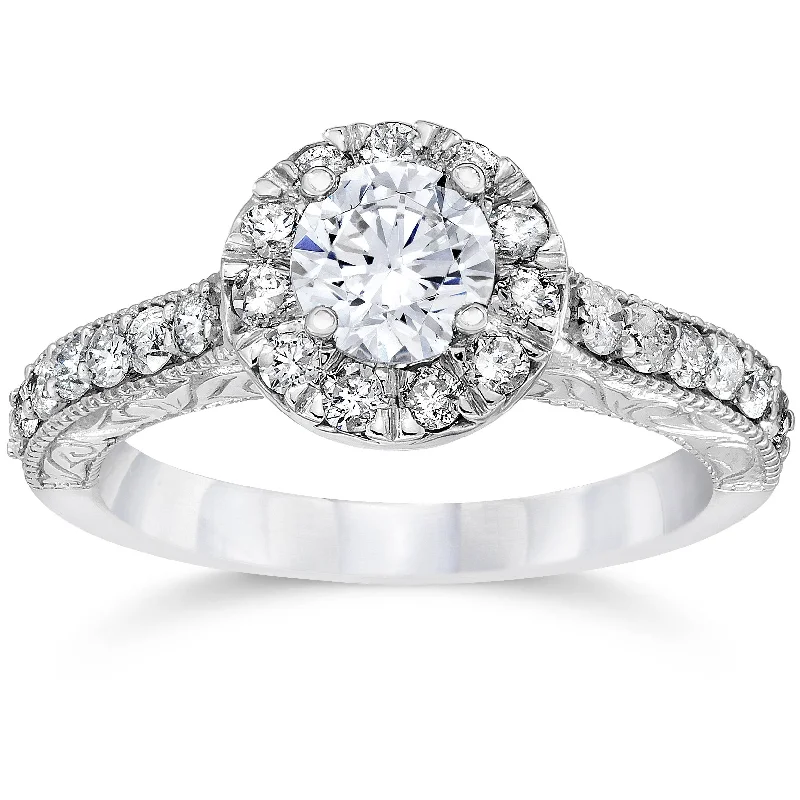 Engagement rings with lab-grown diamonds-3/4ct Vintage Halo Diamond Engagement Ring 14K White Gold