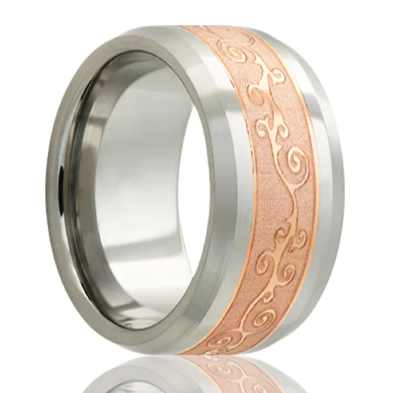 Trendy silver rings for women-Scroll Pattern Copper Inlay Cobalt Men's Wedding Band with Beveled Edges