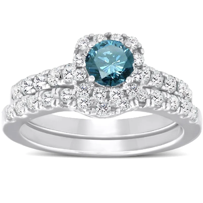 Engagement rings with hidden halos-1 1/4ct Cushion Halo Blue Diamond Engagement Ring Set 14K White Gold