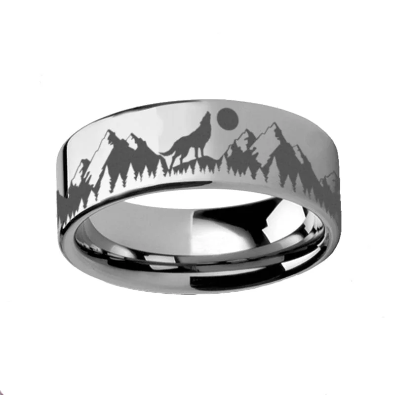 Women’s classic diamond rings-Howling Wolf Moon Tungsten Men's Wedding Band