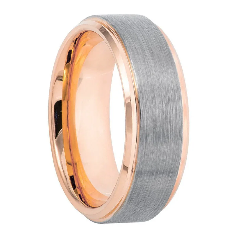 Women’s statement rings-Tungsten Men's Wedding Band with Rose Gold Interior & Beveled Edges