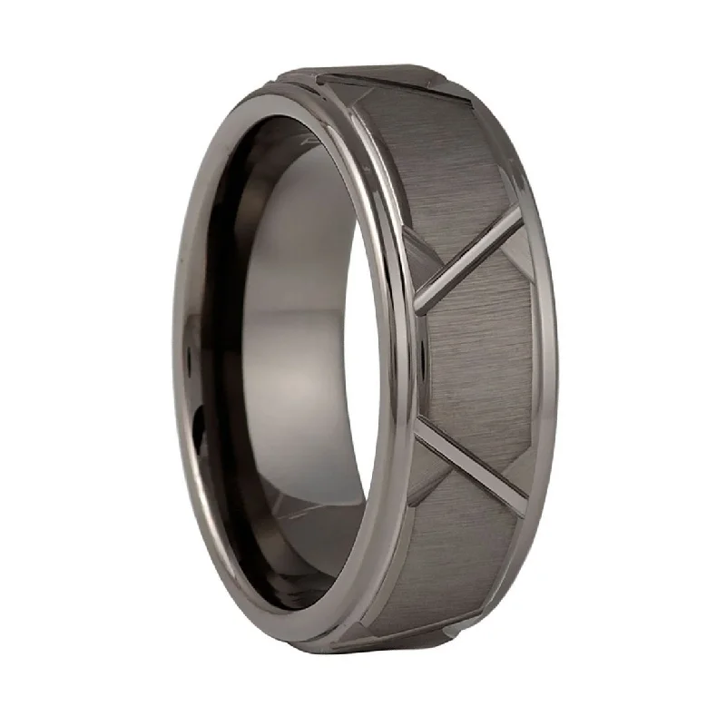 Women’s rings with ruby accents-Geometric Grooved Gunmetal Tungsten Men's Wedding Band