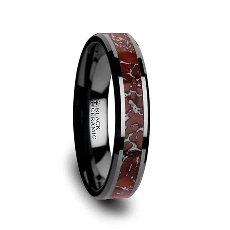 Women’s rings with oval gemstones-Red Dinosaur Bone Inlaid Black Ceramic Women's Wedding Band