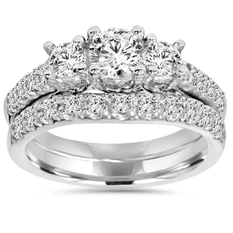 Vintage engagement rings for women-1 5/8ct Diamond Engagement 3-Stone Ring & Matching Wedding Band 14K White Gold