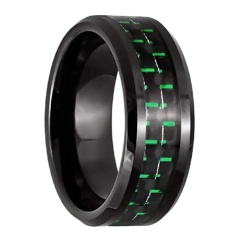 Custom birthstone rings for women-Green & Black Carbon Fiber Inlaid Black Tungsten Men's Wedding Band