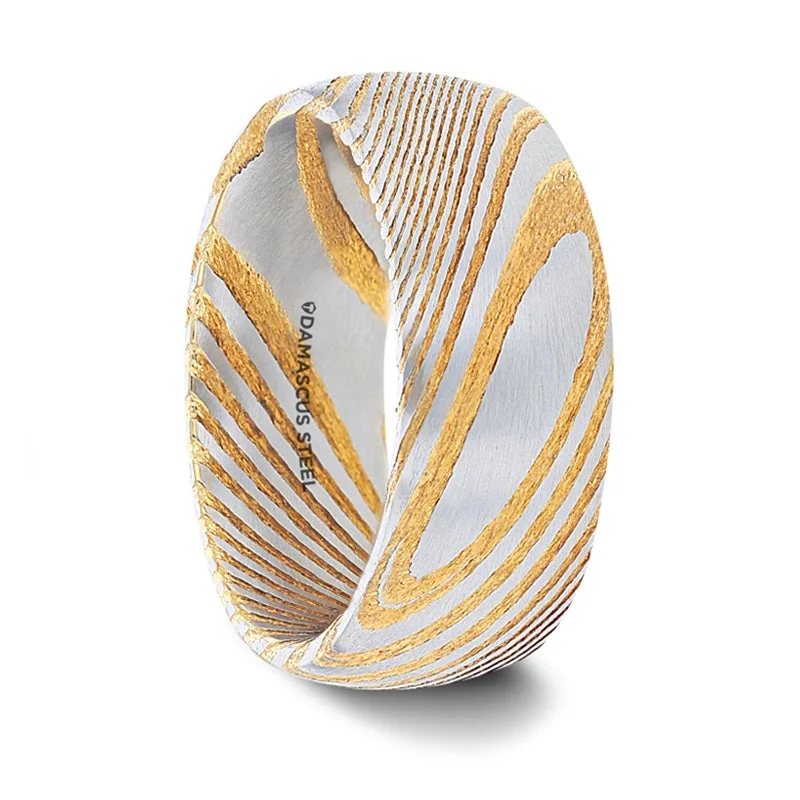 Women’s silver rings with diamonds-Gold Domed Damascus Steel Men's Wedding Band