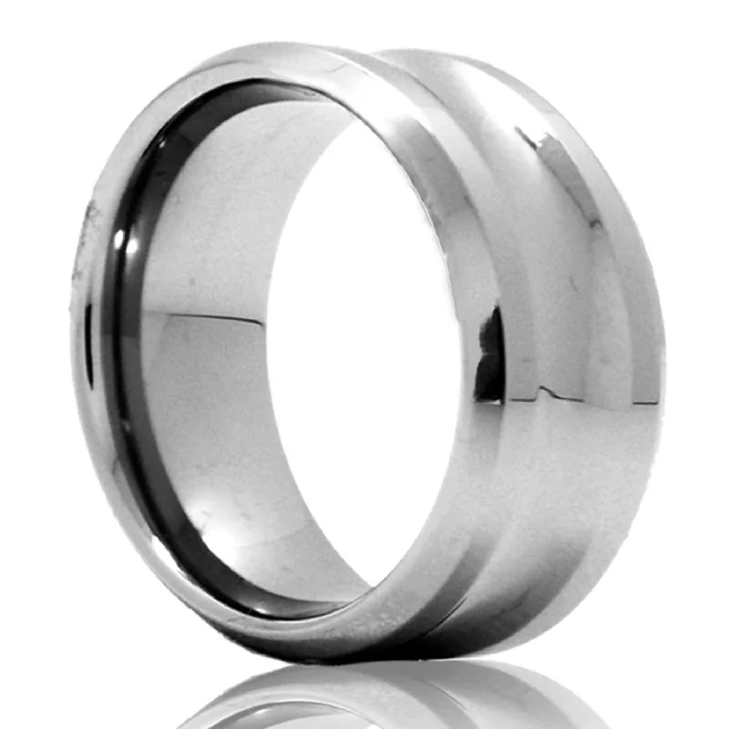 Women’s cocktail rings-Concave Grooved Tungsten Wedding Band with Beveled Edges