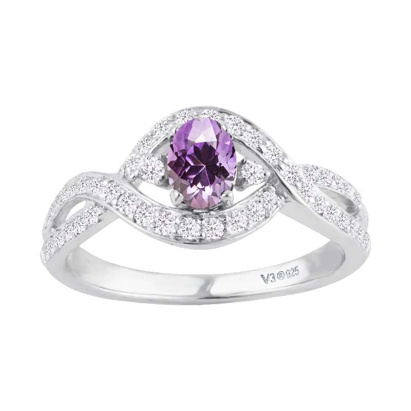 Engagement rings with diamond pave bands-Sterling Silver Amethyst and White Zircon Engagement Ring