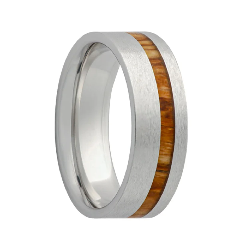 Women’s diamond wedding rings-Asymmetrical Koa Wood Inlay Satin Finish Cobalt Wedding Band