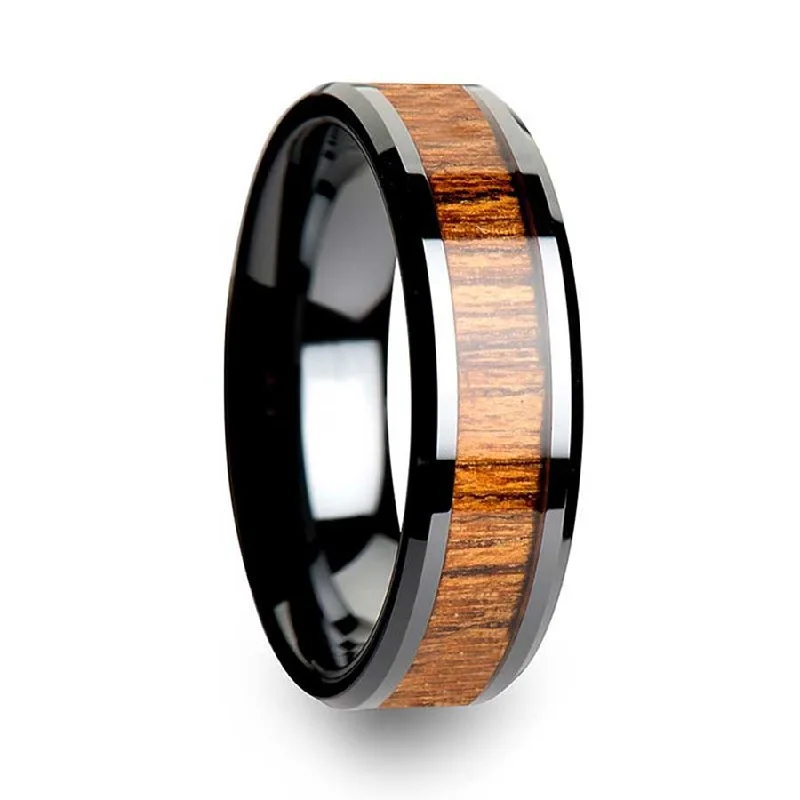 Women’s eternity bands-Black Ceramic Women's Wedding Band with Teak Wood Inlay