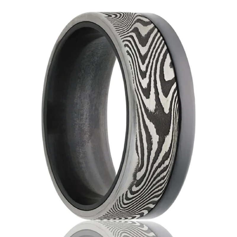 Rose gold rings for women-Asymmetrical Zirconium & Damascus Steel Men's Wedding Band