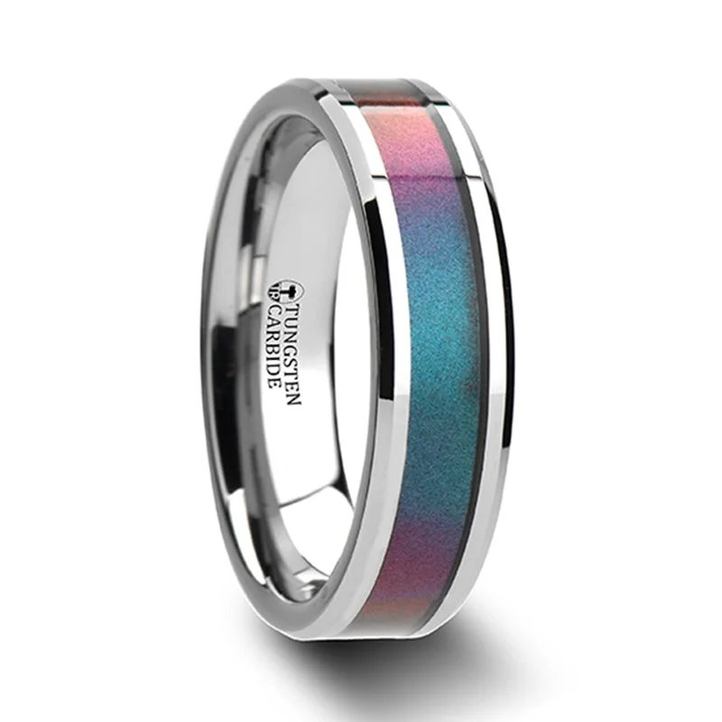 Stackable rings for women-Tungsten Wedding Band with Blue & Purple Color Changing Inlay