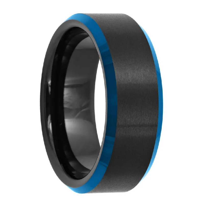 Diamond solitaire rings for women-Brushed Black Tungsten Men's Wedding Band with Blue Edges