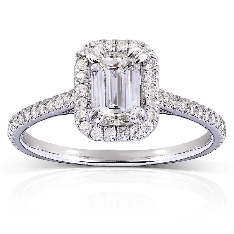 Women’s vintage-style engagement rings with diamonds-Annello 14k White Gold 1 1/3ct TDW Emerald-cut Diamond Halo Engagement Ring