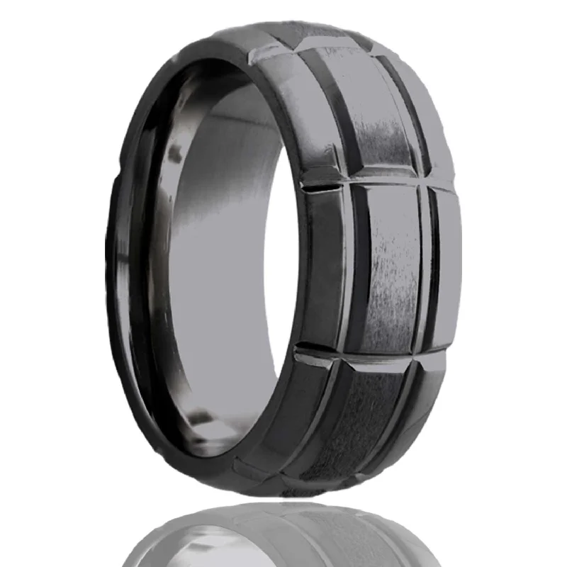 Women’s eternity rings-Intersecting Groove Pattern Domed Satin Finish Zirconium Men's Wedding Band