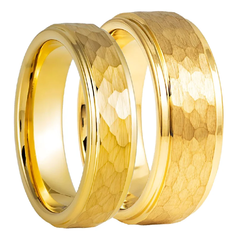 Women’s rings with intricate carvings-Hammered Gold Tungsten Couple's Matching Wedding Band Set