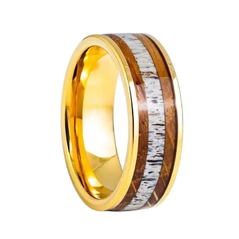 Classic gold rings for women-Dual Whiskey Barrel & Antler Inlay Gold Tungsten Men's Wedding Band