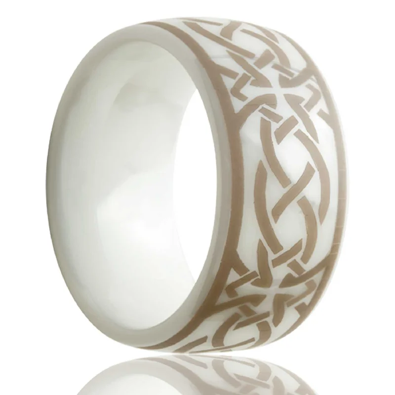 Elegant gold rings for women-Celtic Cross Knot Domed White Ceramic Men's Wedding Band