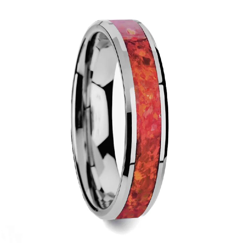 Women’s rings for special occasions-Tungsten Wedding Band with Red Opal Inlay