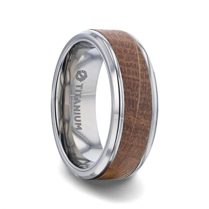 Custom wedding rings for women-Titanium Men's Wedding Band with Whiskey Barrel Wood Inlay