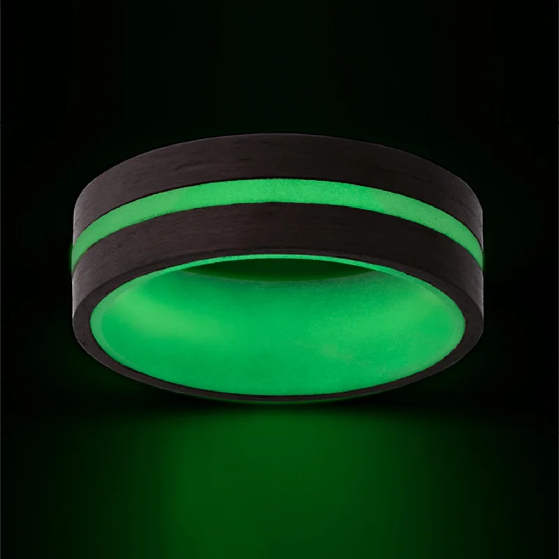 Women’s statement rings with diamonds-Grooved Glow in the Dark Green Carbon Fiber Wedding Band