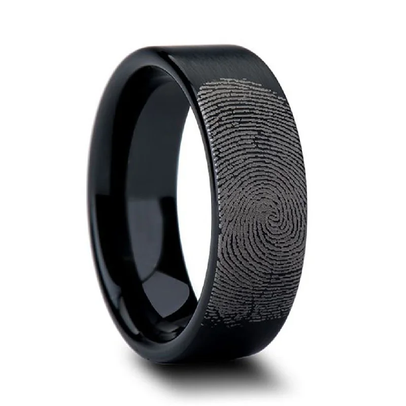 Women’s princess-cut rings-Custom Fingerprint Engraved Brushed Black Tungsten Men's Ring