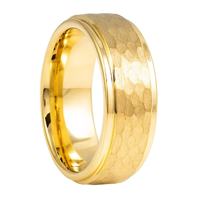 Custom-designed women’s rings-Hammered Gold Tungsten Men's Wedding Band