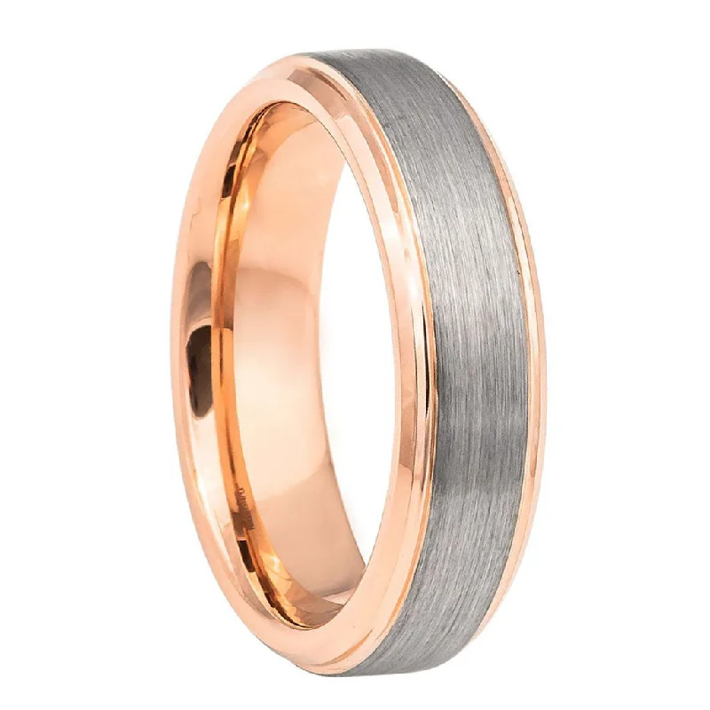 Women’s ring with a diamond halo-Tungsten Women's Wedding Band with Rose Gold Interior & Beveled Edges