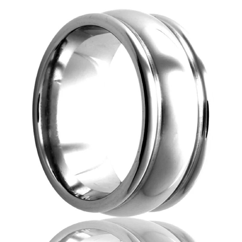 Statement rings for women-Domed Platinum Wedding Band with Stepped & Grooved Edges