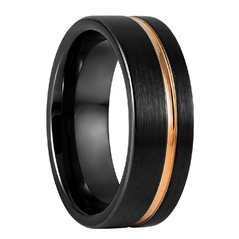 Women’s rings for formal events-Black Tungsten Men's Wedding Band with Asymmetrical Rose Gold Groove