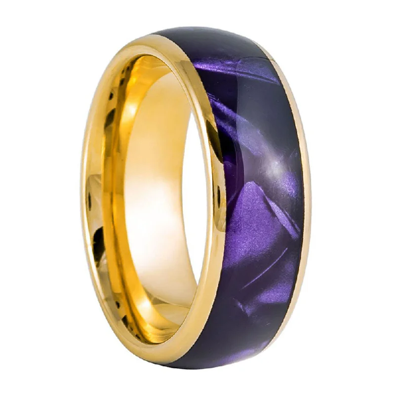 Elegant rings for women’s daily wear-Gold Tungsten Men's Wedding Band with Purple Shell Inlay