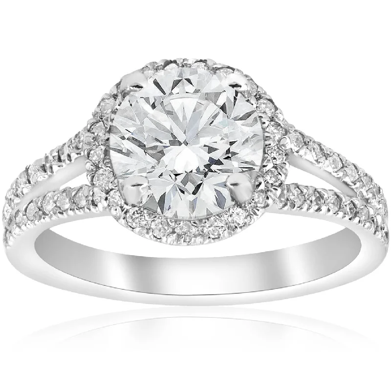 Unique engagement rings for women-2 1/2ct Halo Diamond Engagement Ring Split Shank Pave Enhanced 14k White Gold