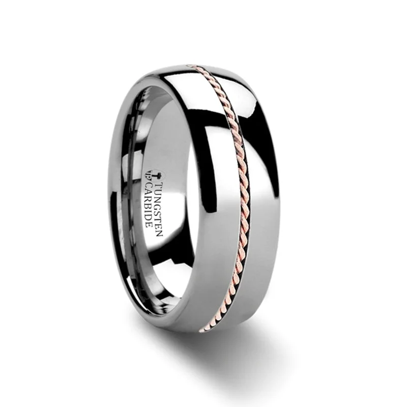 Women’s rings with oval gemstones-Tungsten Men's Wedding Band with Braided 14k Rose Gold Inlay