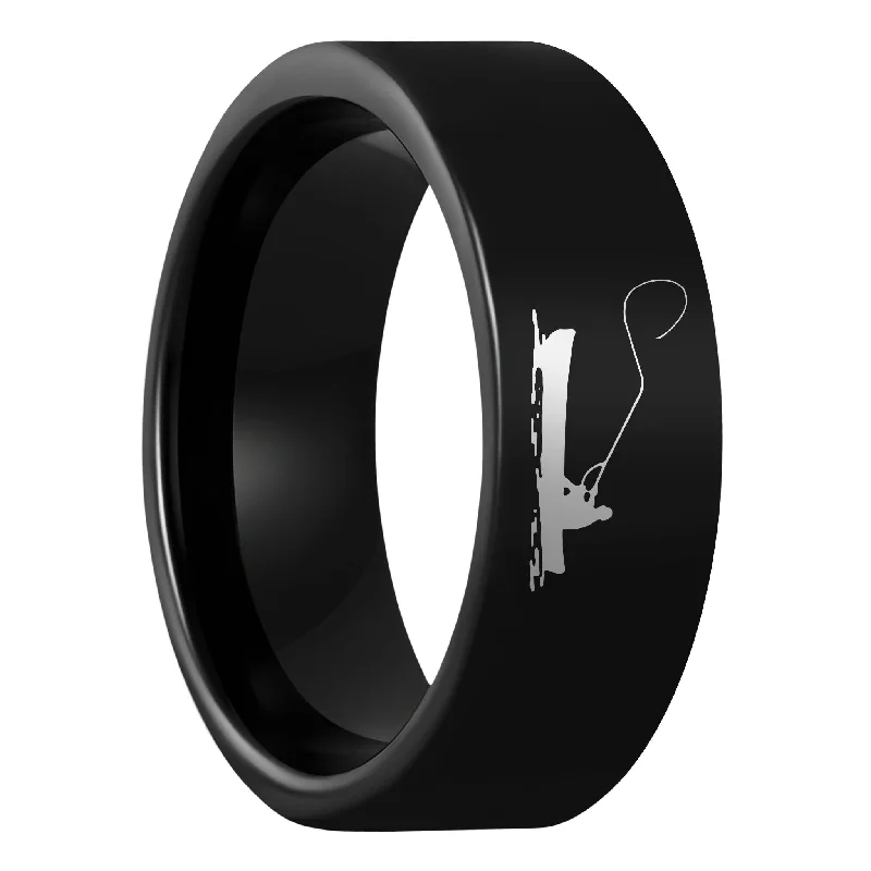 Women’s black diamond rings-Fisherman Boat Scene Black Tungsten Men's Wedding Band