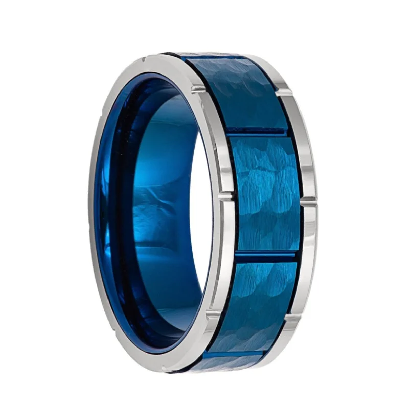 Women’s rings with birthstones-Grooved Hammered Blue Tungsten Men's Wedding Band