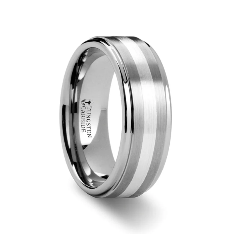 Custom wedding rings for women-Silver Inlay Tungsten Men's Wedding Band