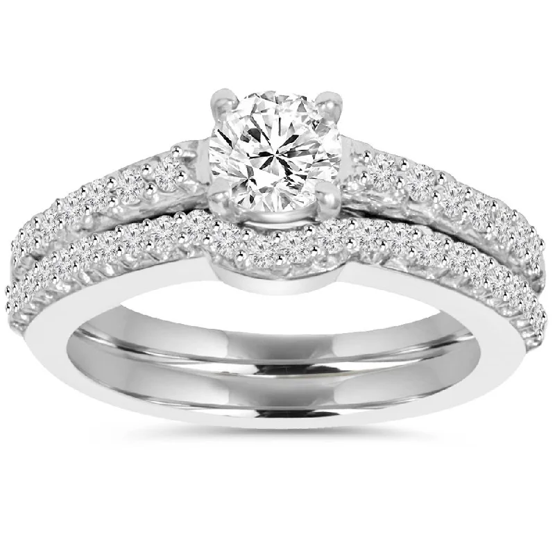 Engagement rings with modern settings-1ct Pave Diamond Engagement Wedding Matching Ring Set 14K White Gold Round Cut