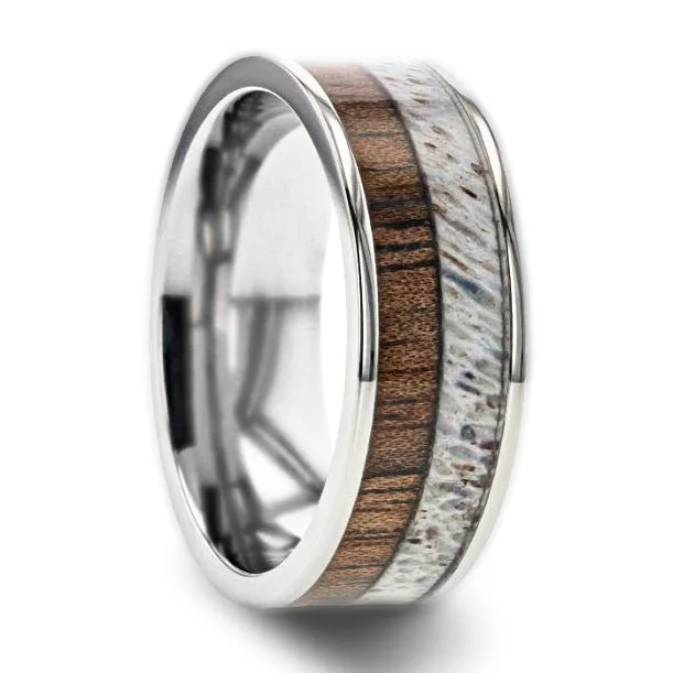 Rose gold rings for women-Titanium Men's Wedding Band with Deer Antler & Black Walnut Wood Inlay