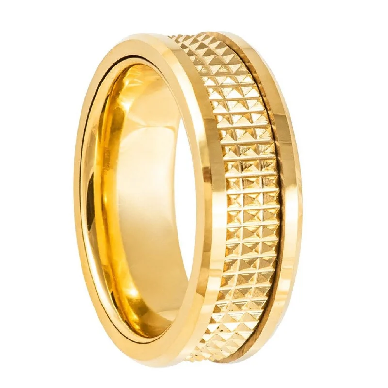 Women’s statement rings-Pyramid Knurled Geometric Pattern Gold Tungsten Men's Wedding Band