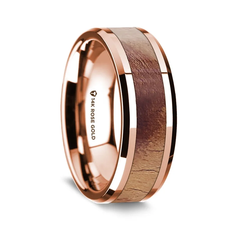 Women’s promise rings-14k Rose Gold Men's Wedding Band with Olive Wood Inlay