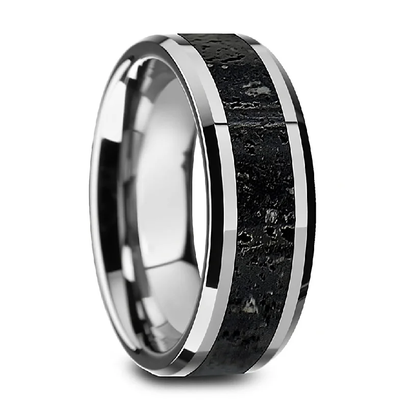 Stackable rings for women-Tungsten Men's Wedding Band with Lava Rock Inlay