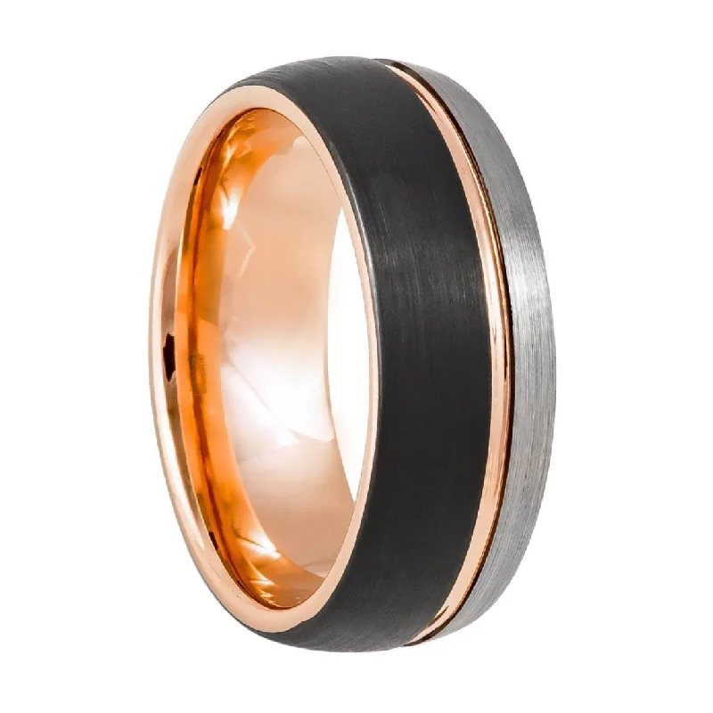 Custom silver rings for women-Black & Rose Gold Asymmetrical Grooved Tungsten Men's Wedding Band